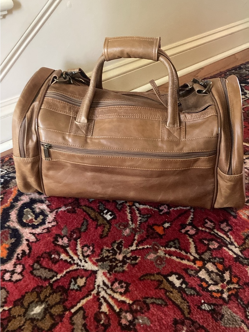 Leather carry on duffle bag
